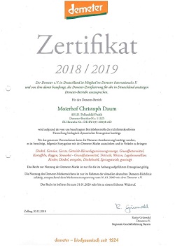 Zertifikat Demeter 2019